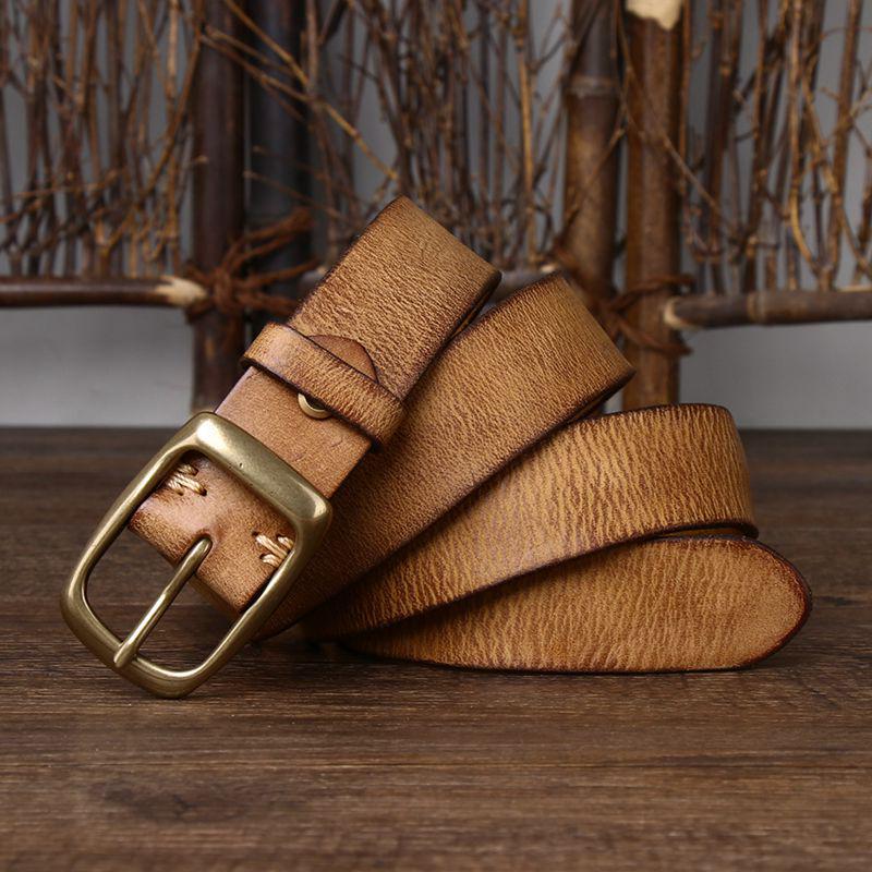 Unisex Retro Genuine Leather Belt with Pin Buckle for Jeans