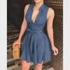 European & American Women's Denim Sleeveless Deep V-Neck Sexy Lace Mini Dress