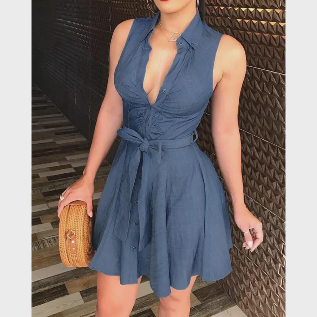 European & American Women's Denim Sleeveless Deep V-Neck Sexy Lace Mini Dress