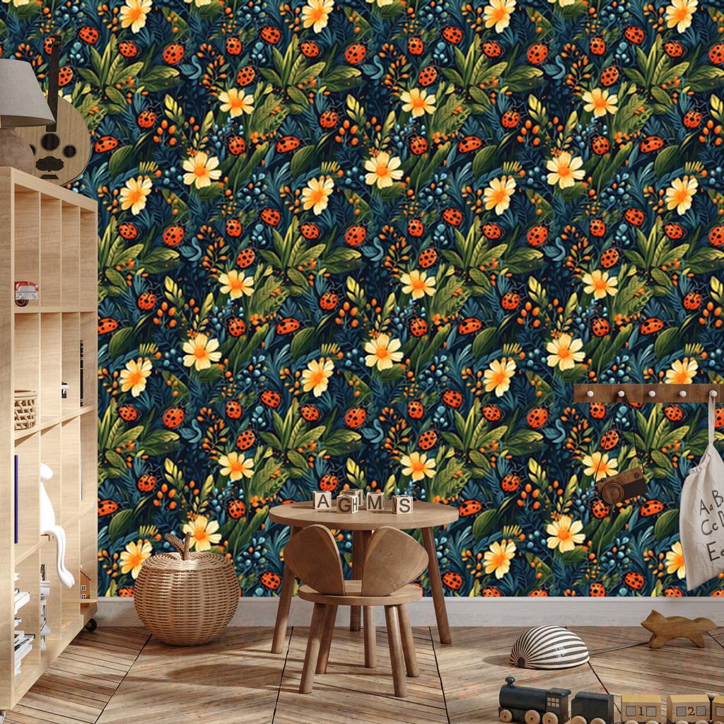 Ladybugs Wallpaper Navy Blue and Turquoise for Living Room and Bedroom 50x1000