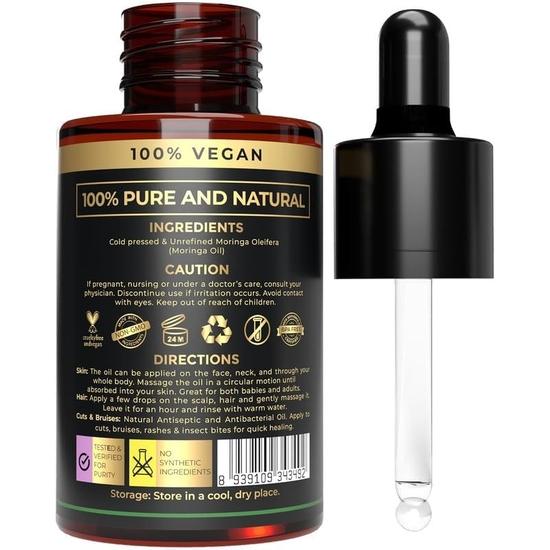 100% Plant Based Moringa Oil for Hair Growth – Organic Cold Pressed and Pure Moringa Seed Oil for Hair, Face & Skin – Anti-Aging, Hydrating