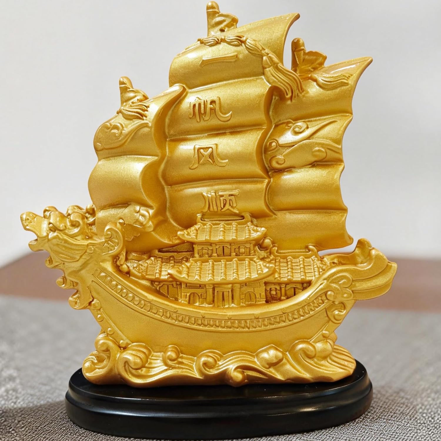 Wealth Sailing Ship Statue Feng Shui Decor for Fortune, Wealth and Prosperity - Decorative Gold Wealth Sailing Boat Décor for Office and Home