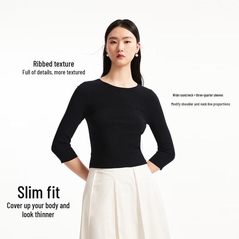 VEROMODA Women's Ribbed Round Neck Seven-Quarter Sleeve Knit Top