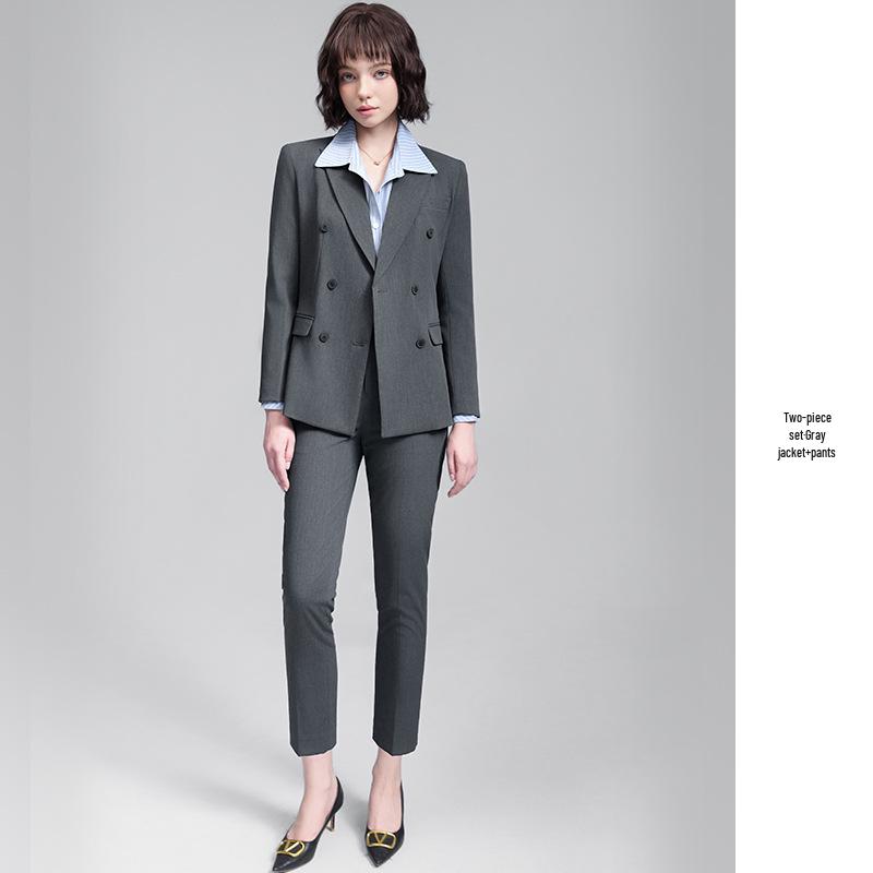Women's Gray Double-Breasted Suit Set - 2025 Spring/Autumn British Style Formal Workwear