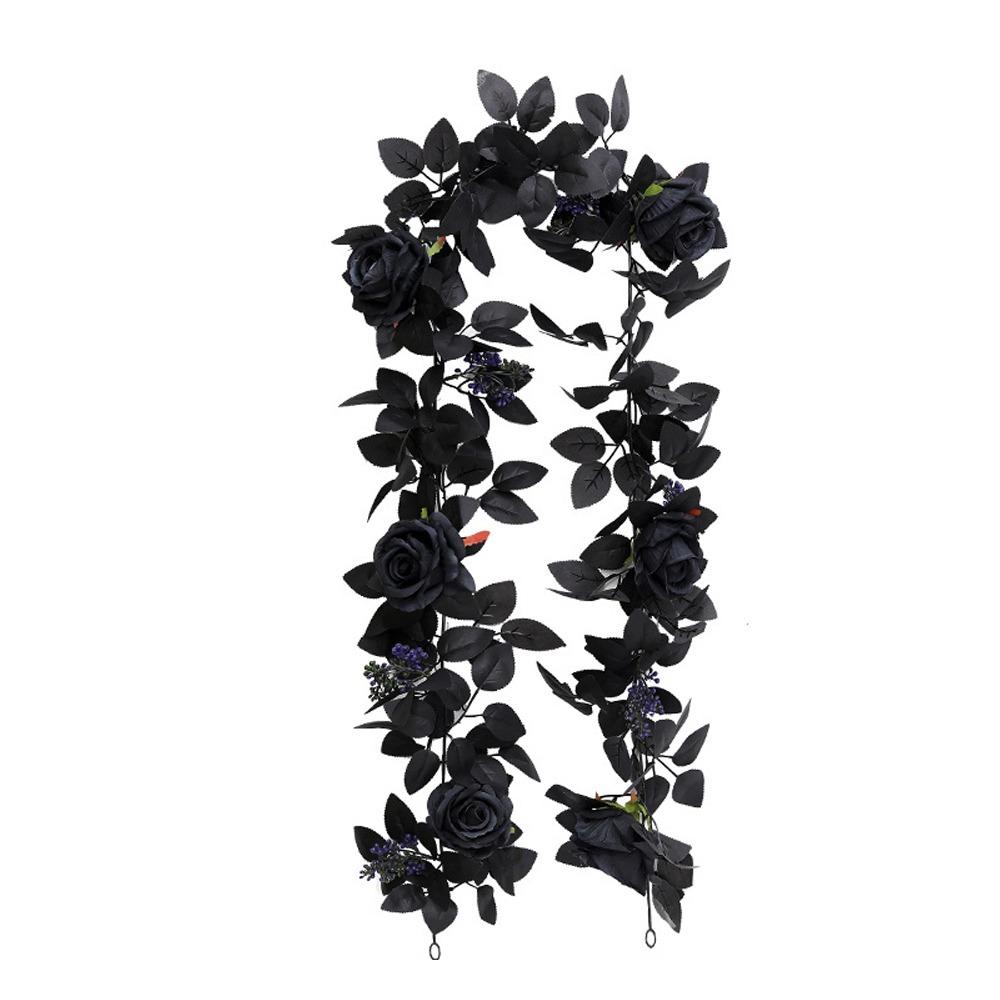 Black Artificial Rose Vines 175cm Halloween Garland Halloween Rose Leaf Vines  Table Centerpiece