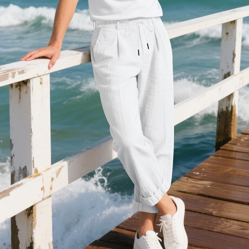 Men's Relaxed Fit Casual Straight-Leg Linen Naples-Style Breathable Trousers