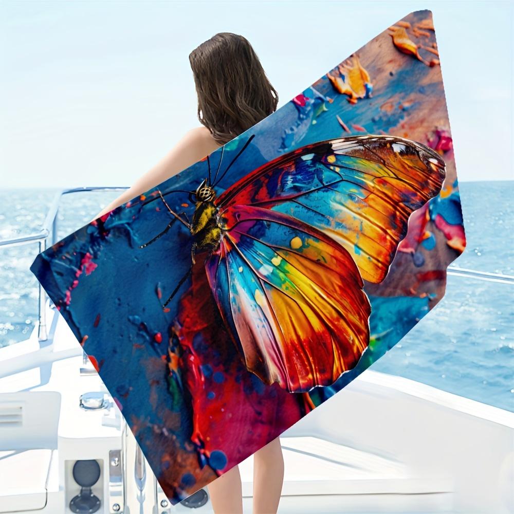 Colorful Butterfly Beach Towel, Oil Painting Style Butterfly Print Oversized Bath Towel, Dry Artistic Summer Beach Blanket