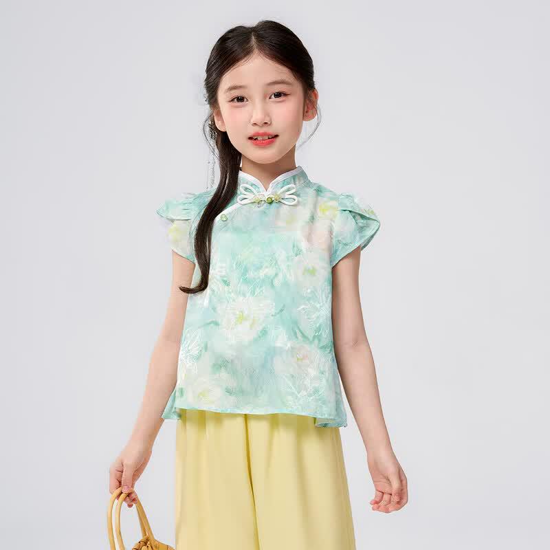 Girls' New Chinese Style Floral Short Sleeve Top