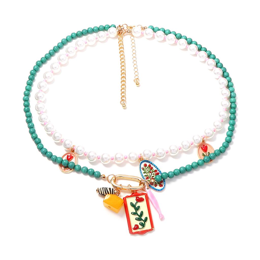 Trendy niche design sense printing pendant imitation pearl double-layer necklace seaside vacation sweet and versatile women's models