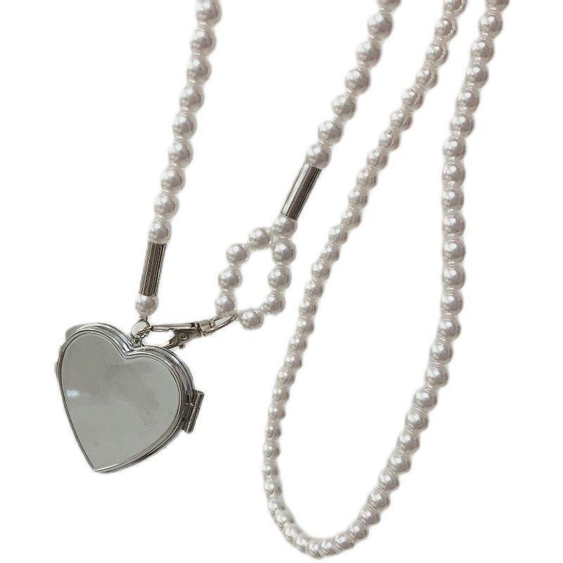 1pc Personality Long Necklace with Big Mirror Heart Pendant Women Pearl Shoudler Chain Jewelry Fashion