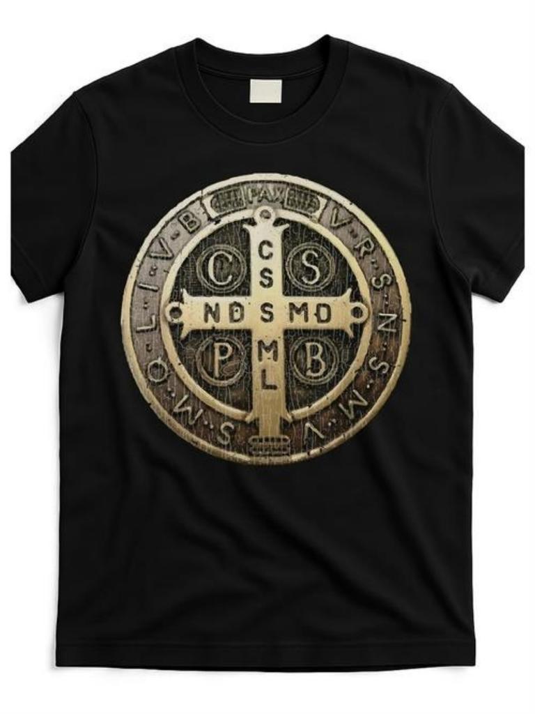 Unisexs Black Roundneck Tshirt with Short Sleeves Featuring A Retro St Benedict Medal Cross Print