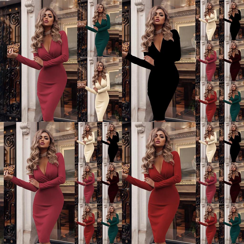 Neck Women V Long Sleeve Bodycon Sexy Dress Ladies Casual Evening Clubwear Party