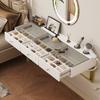 Vanity table, hanging, with 3 drawers, glass top, tablet holder and cup holder; white 120×40×45 cm (W×H×D) (without LED mirror)