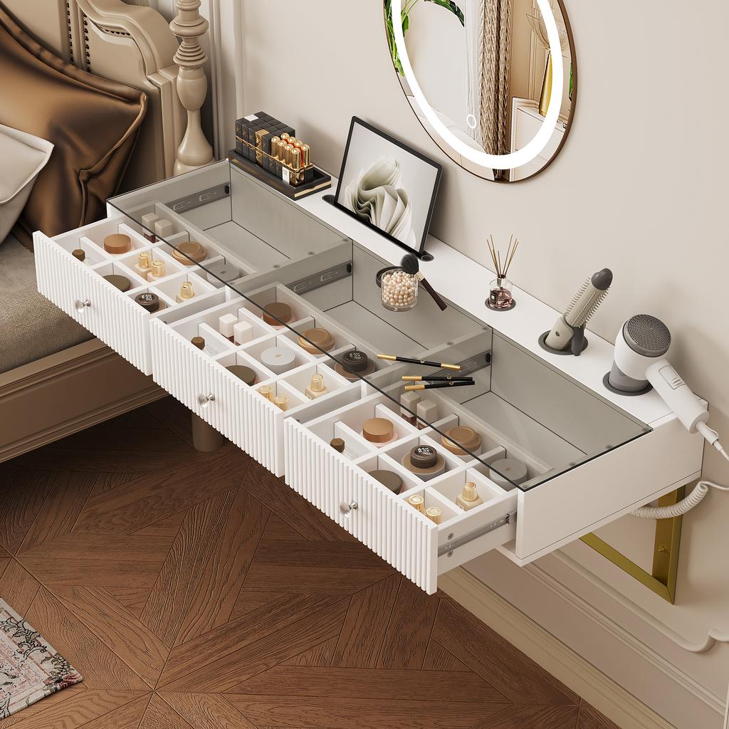 Vanity table, hanging, with 3 drawers, glass top, tablet holder and cup holder; white 120×40×45 cm (W×H×D) (without LED mirror)