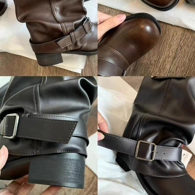 Cowhide Spice Girls Pant Pants Boots Trendy Pleated Buckle Western Cowboy Boots Short Boots