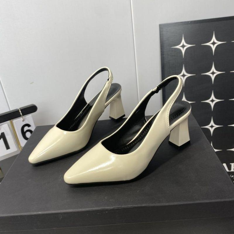 Thick Heel Pointed Head Temperament Single Shoes One Word Bag Head Sandals Banquet High Sense Black Patent Leather High Heels