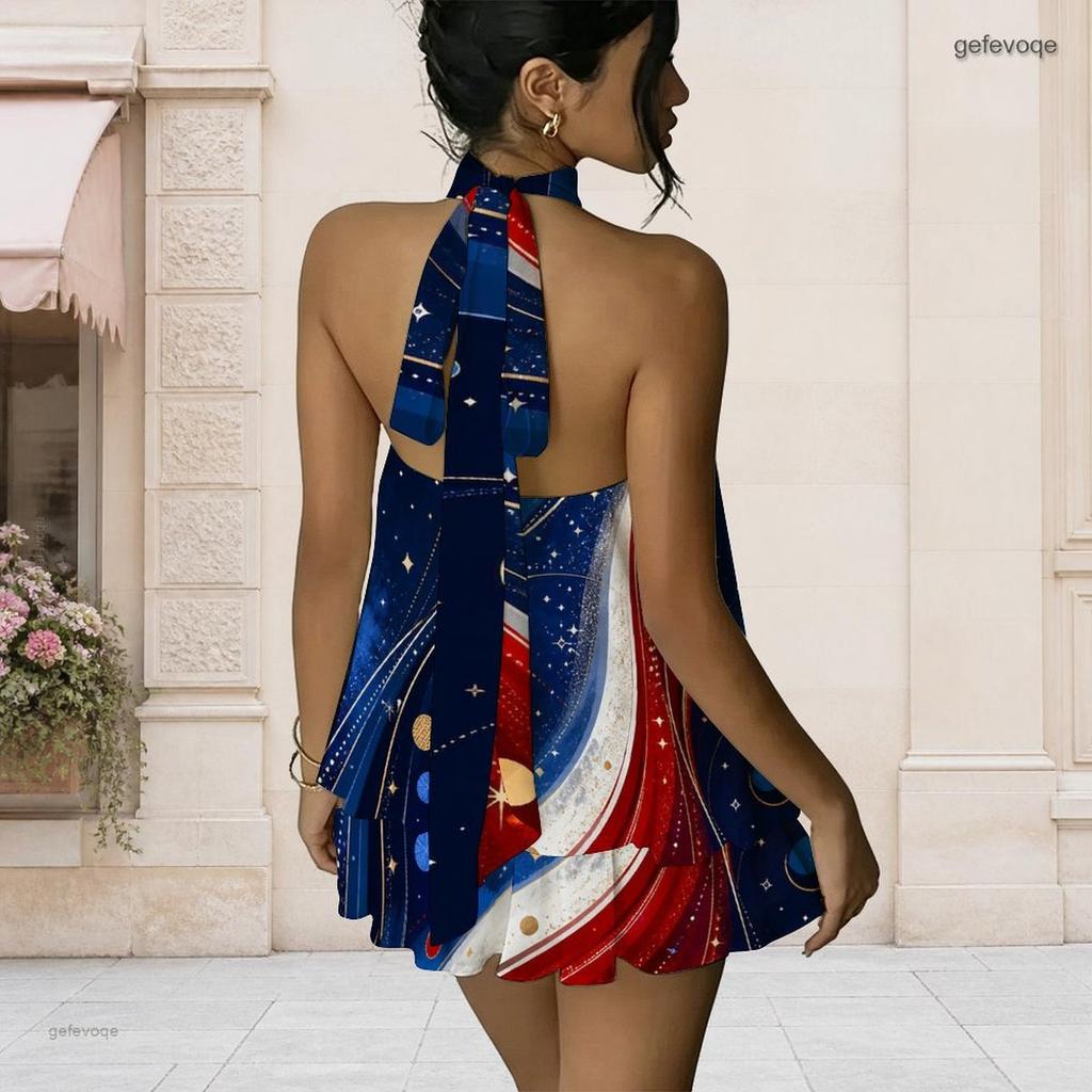 Women Plus Size Halter Backless Fake Two Piece Dress Cosmic Planet Star Patriotic Print Mini Dress
