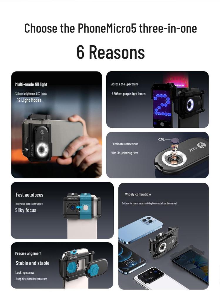 200x HD Optical Phone Microscope for Skin, Textile, and Biological Research