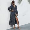 New cross-border autumn long-sleeved dress V-neck polka dot split skirt European and American foreign trade lace-up medium and long skirt