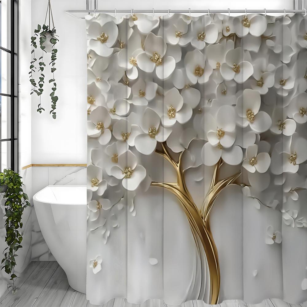 Vit Blommig Lågrelief Duschdraperi, Dekorativt Duschdraperi för Badrum, Vattentätt Duschdraperi med Krokar