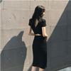 Korean Style Sexy Mid-Length Slit Backless Dress - Polyester Fiber