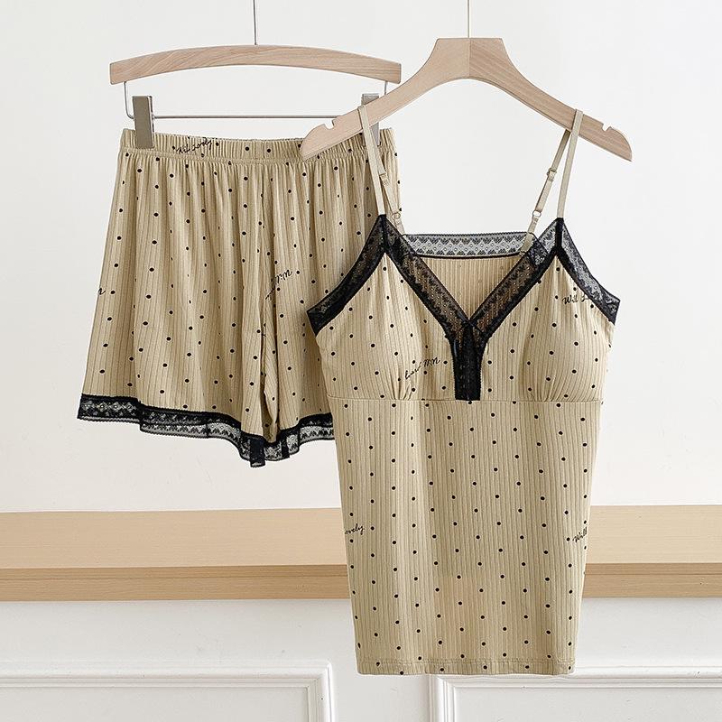 

Lace Camisole & Shorts Set with Chest Pads - Sleeveless Summer Homewear for Women