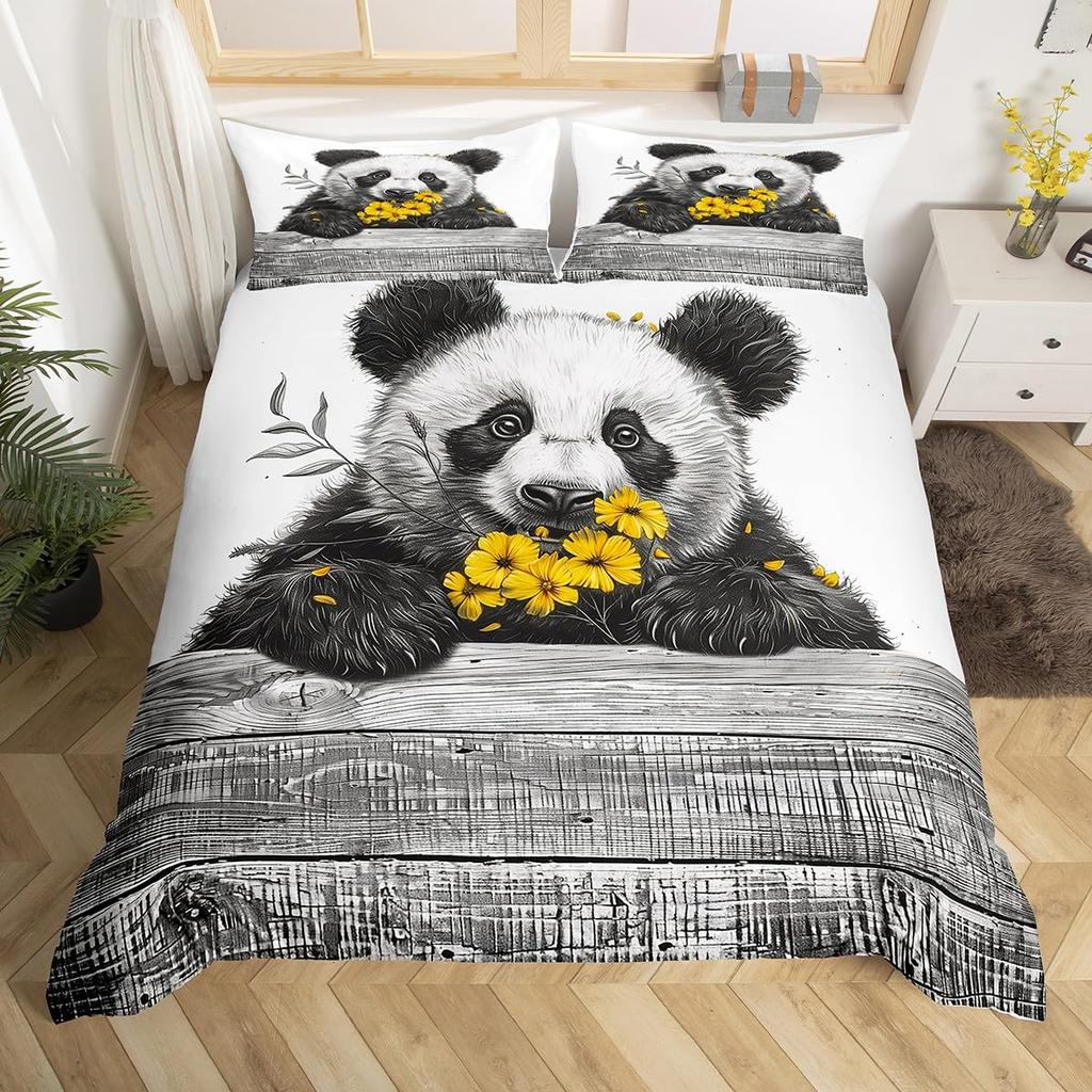 Cute Panda Duvet Cover Set Twin Queen Cartoon Wild Animal Bedding Set Minimalism Hand Drawn Comforter Cover Kawaii Room Decor