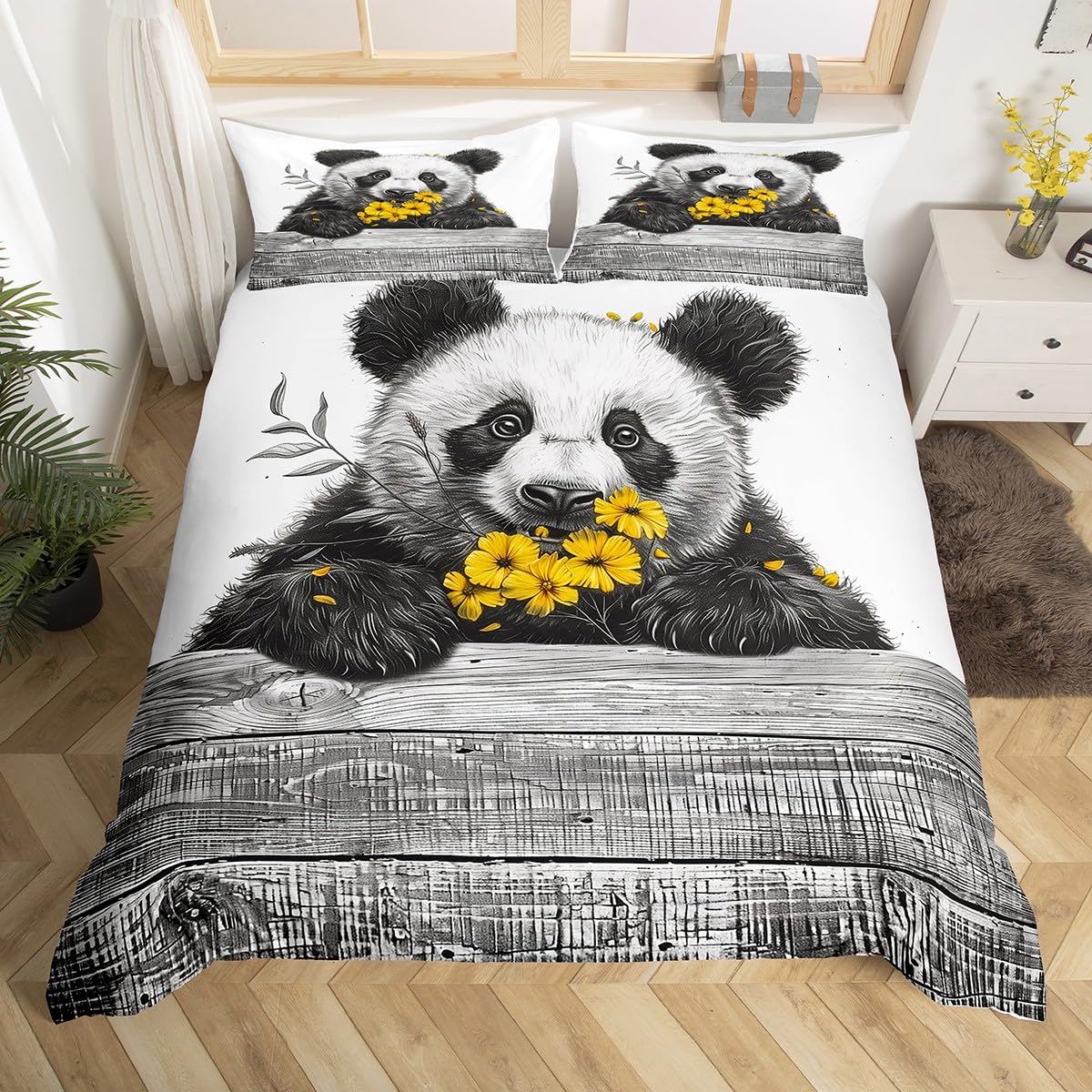 

Cute Panda Duvet Cover Set Twin Queen Cartoon Wild Animal Bedding Set Minimalism Hand Drawn Comforter Cover Kawaii Room Decor EU Single(135x200cm)