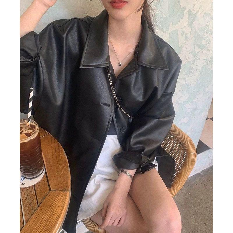 Korean Women's Stylish Single-Breasted Faux Leather Lapel Jacket - Autumn Loose Fit Coat