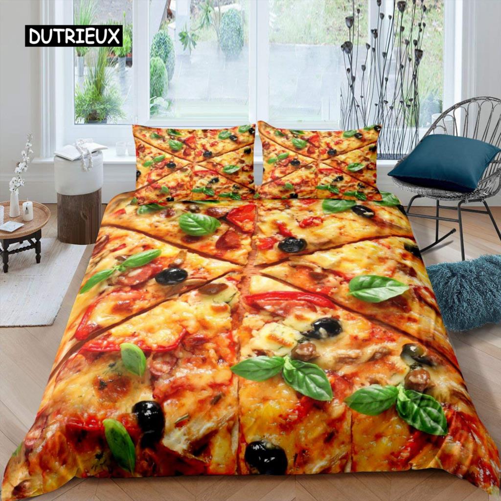 American Fast Food Duvet Cover Set Full Size Polyester Pizza Hotdog Hamburger Print Bedding Set French Fries Cartoon Quilt Cover