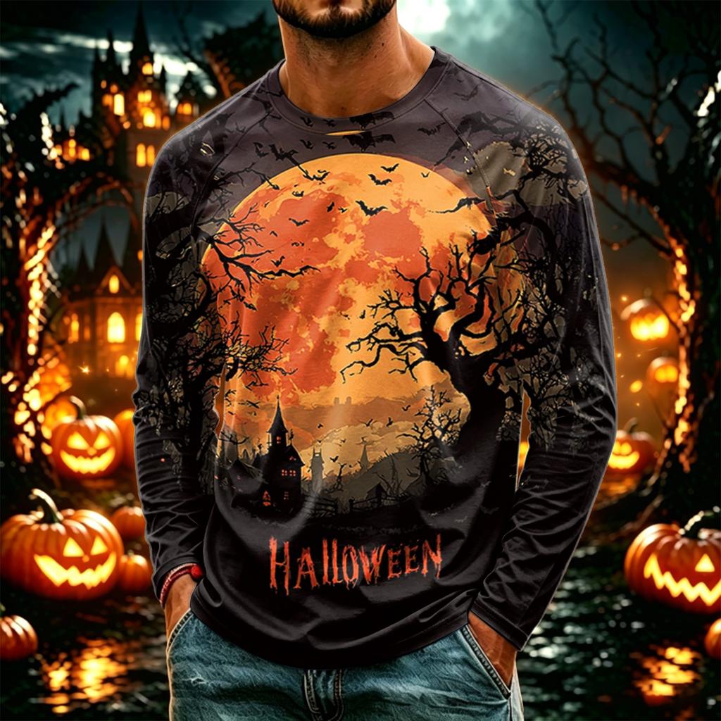 Men's Casual Long Sleeve Halloween Printed T-Shirt, Lightweight Neck Top for Daily Wear