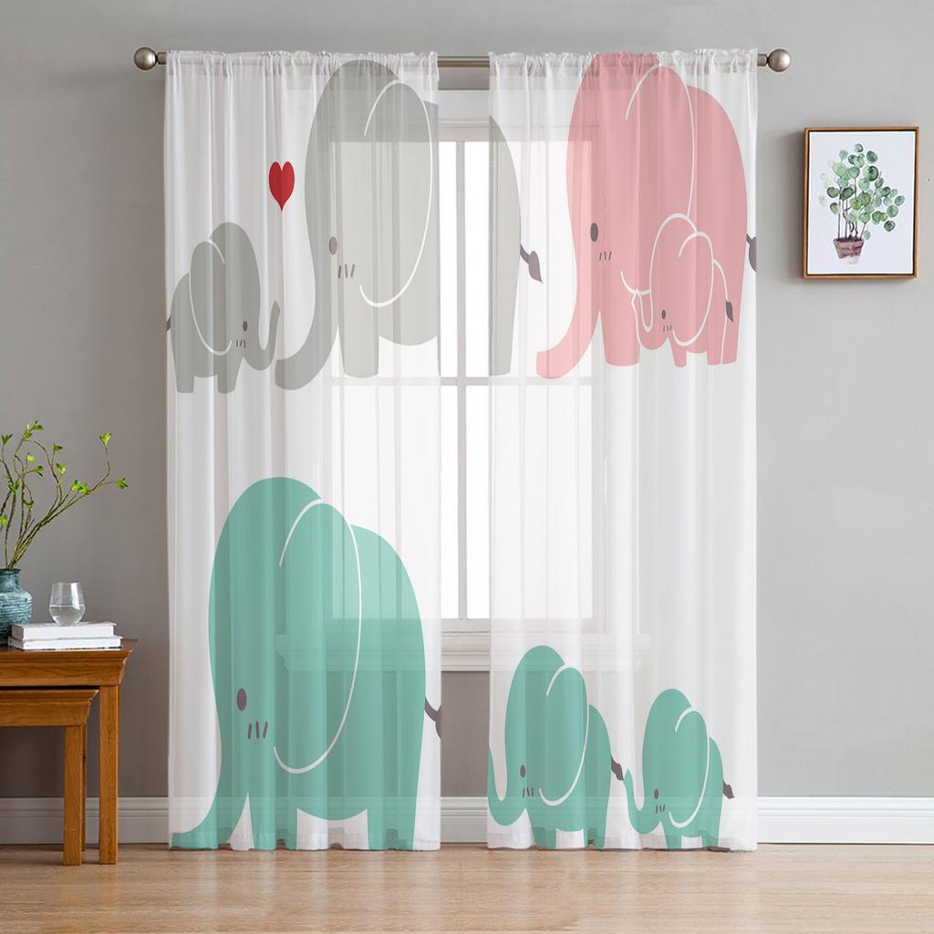 Animal Cute Elephant Love Cartoon Tulle Curtains for Kids Bedroom Living Room Window Treatments Sheer Voile for Kitchen Drapes