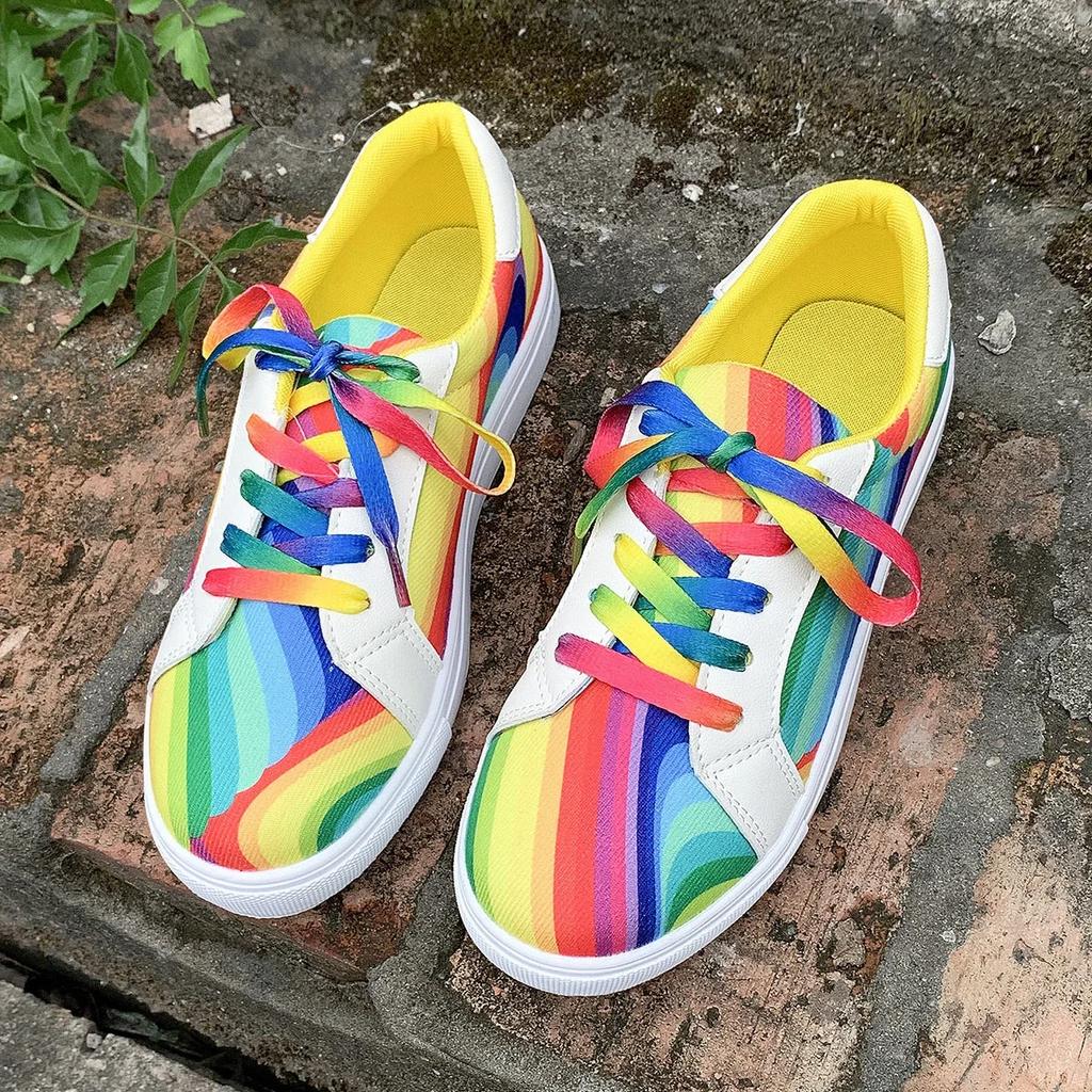 Rainbow Color Lace Up Sneakers Women Casual Non-Slip Platform Vulcanized Shoes Woman 2025 Autumn Flats Running Walking Shoes 43