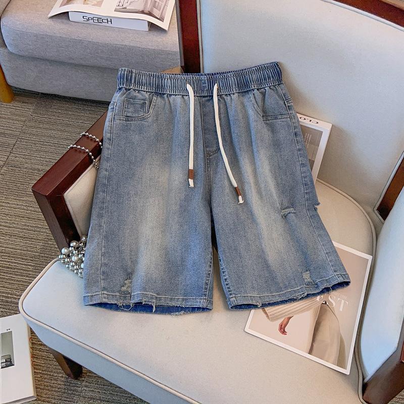 

Plus Size High Waist Stretch Denim Shorts - 5-Point, Extra Large, Summer Casual 4XL (140-160jin) джинсовий синього кольору