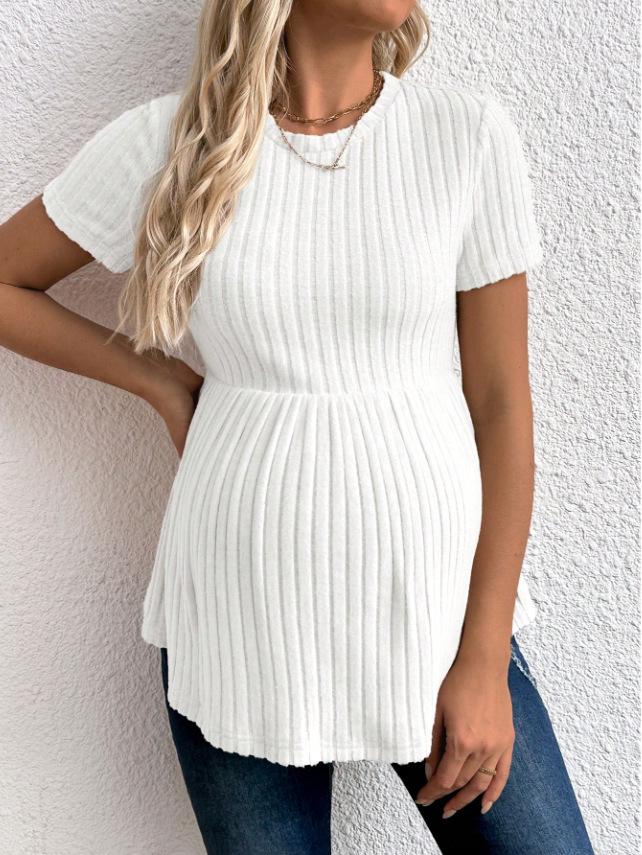 

2026 European & American Striped Maternity T-Shirt: Short Sleeve, Round Neck Summer Top XXL білий