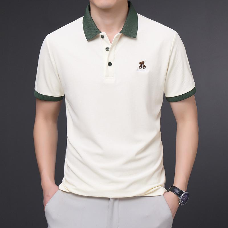 

Футболка с коротким рукавом, мужская, с вышитым медведем, деловая, повседневная, мужская, с лацканами, с коротким рукавом, топ 4XL