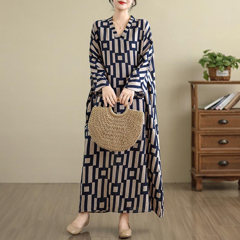 DIMANAF 2025 Women Plus Size Spring Long Dress Loose V-Neck Printing Vintage Casual Floral Oversize Long Sleeve 5031