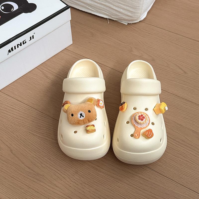 Fashion cute cartoon bear biscuits two wearing hole shoes women's summer new thick-soled heightening breathable slippers