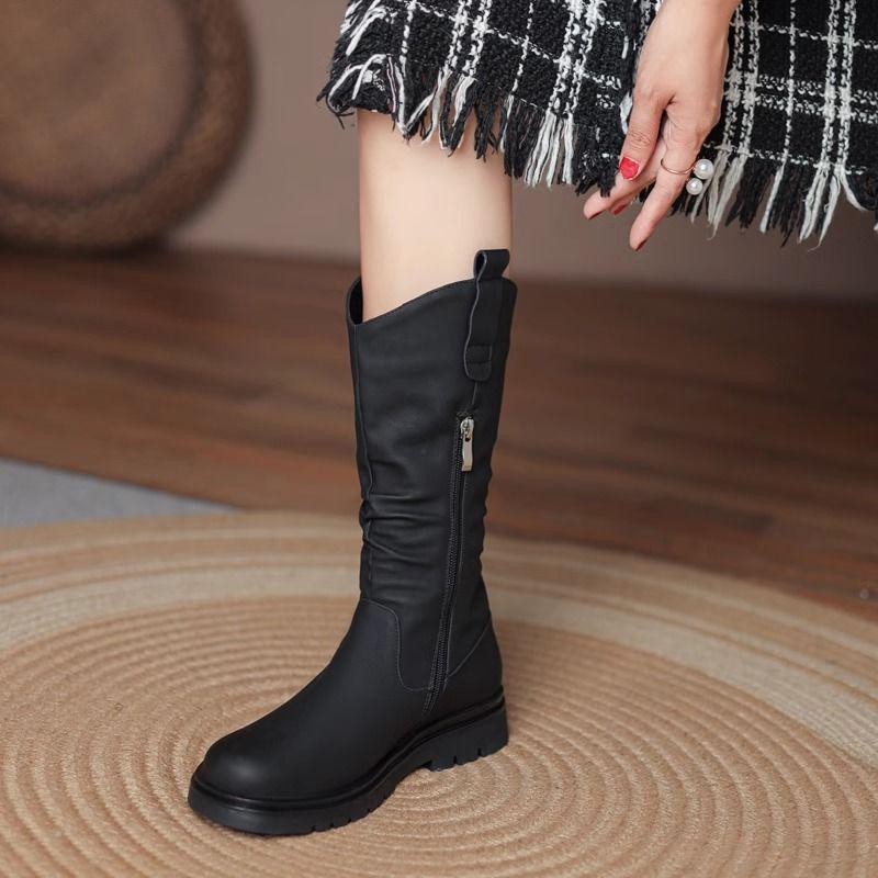 Dámské kozačky do půli lýtka s plochým podpatkem 2025 - Nový jarní a podzimní styl se sametovou podšívkou, ideální k sukním