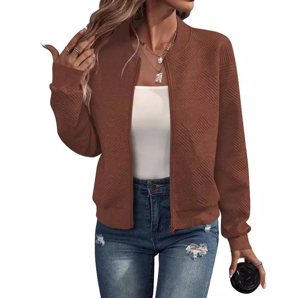 Women's Grey Short Baseball Jacket with Stand Collar, Casual Outerwear for Spring and Fall