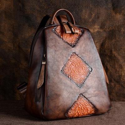 Handmade Retro Fashion Large Capacity Women Backpack Genuine Leather Solid Color Embossing Cow Leather Travel Backpack