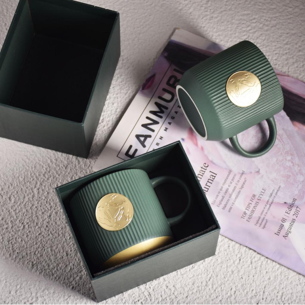 Wind Ceramic Coffee Cup Vertical Stripe Copper Medal Office Water Cup Milk Cup With Gift Print