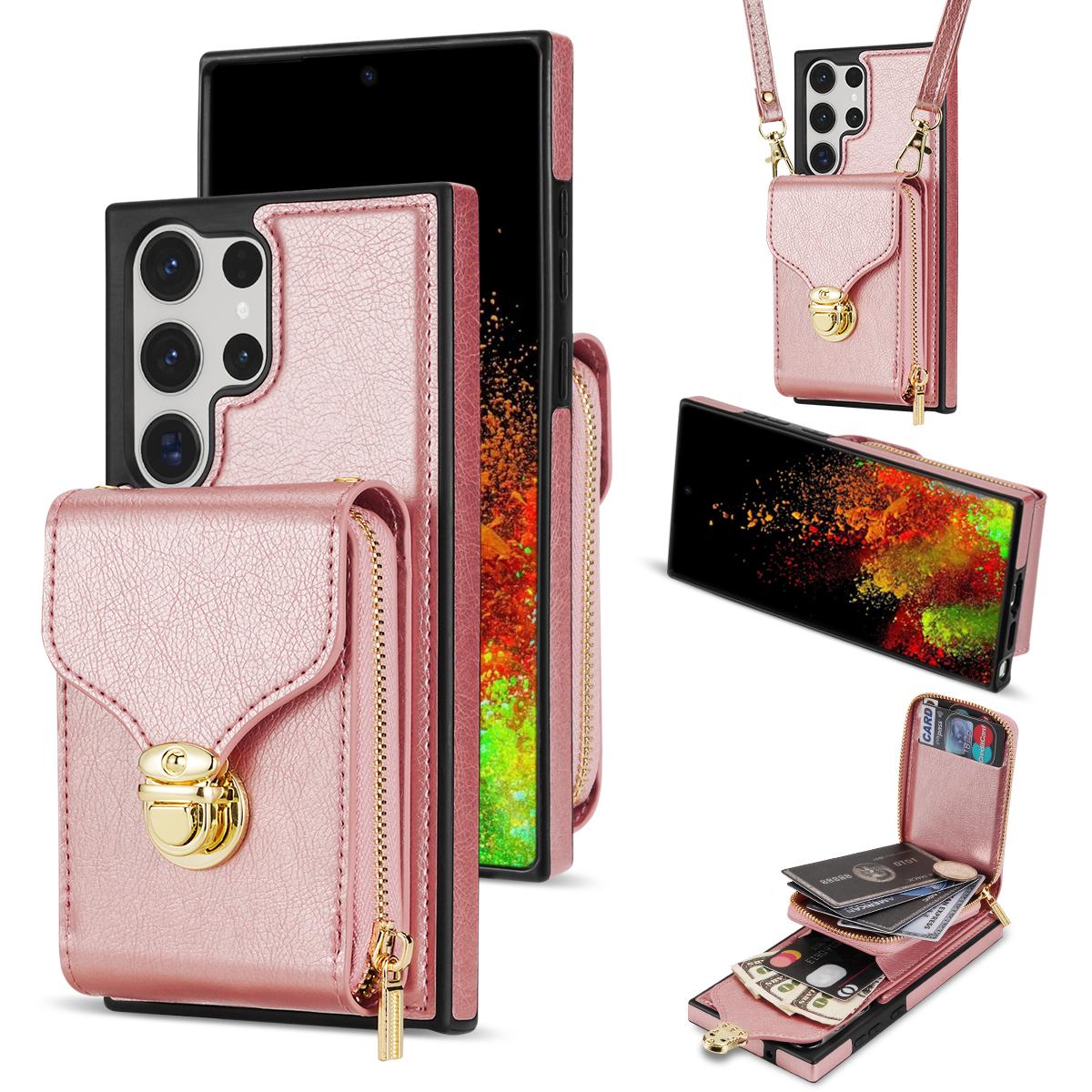 

For Samsung Galaxy S25 Ultra Case Zipper Wallet Leather+TPU Phone Cover with Strap Rose Gold