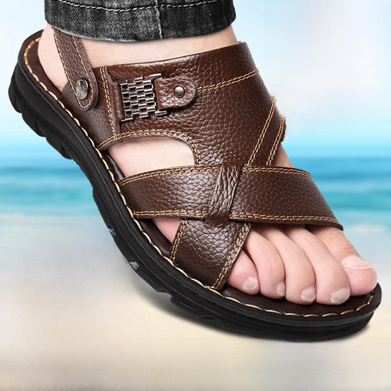 

Мужские повседневные кожаные пляжные сандалии: Новые удобные уличные туфли двойного назначения из натуральной кожи 43