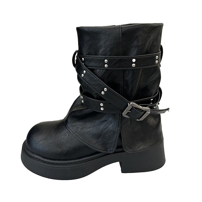 Maillard Trouser Boots 2025 New Retro Round Head Niche Design Medium Tube Boots Rivet Knight Boots