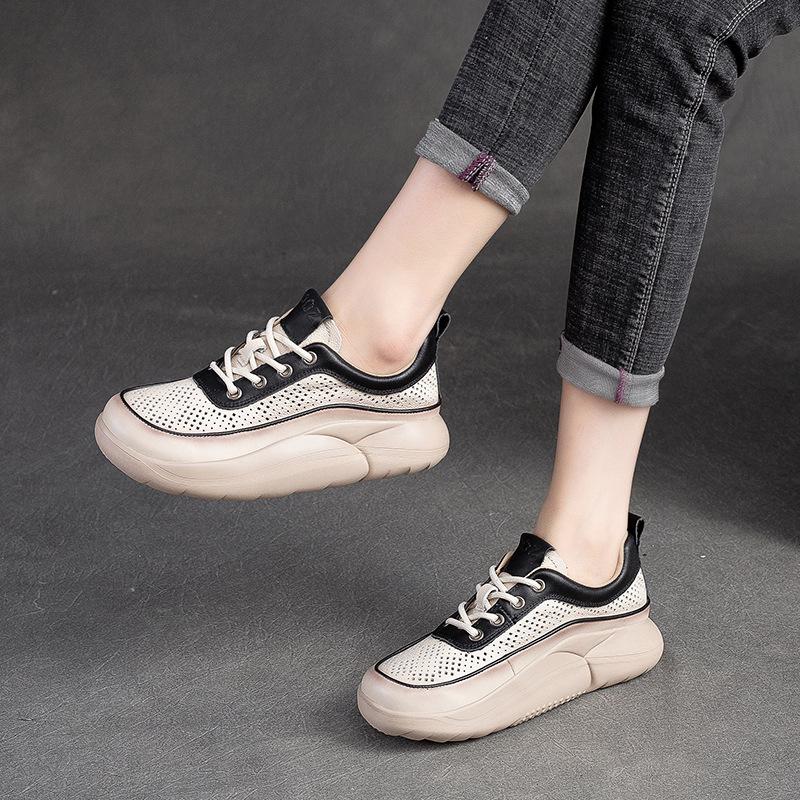 Fashion GKTINOO Hollow Sandals Women Sneakers Genuine Leather Shoes Thick-soled 2025 New Handmade Comfortable Retro Platform Sneakers