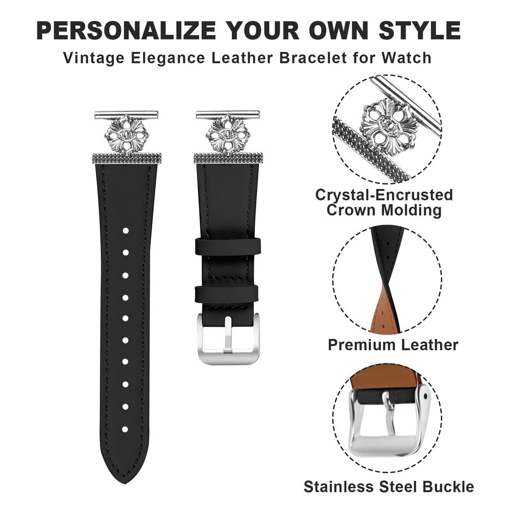 For Garmin Vivomove Trend/Venu Sq 2 Watch Band Genuine Cow Leather Flower Decor Adjustable Strap