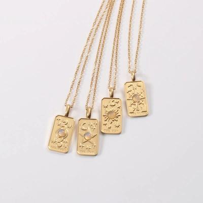 Stainless Steel Necklace for Women World Sun Moon Star Oblong Tarot Pendant Jewelry Gift