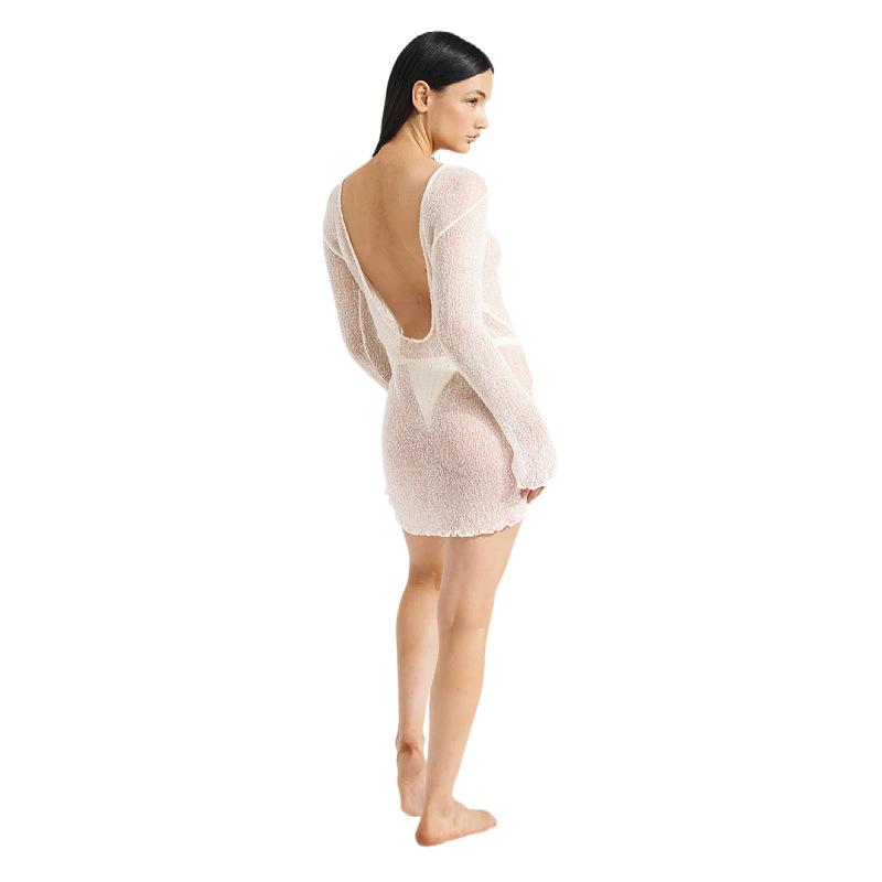 Women's See Through Backless Mini Dress Crew Neck Tie Up Sheer Mesh Mini Dress Long Sleeve Knitted Mesh Beach Coverups Short Dress for Women