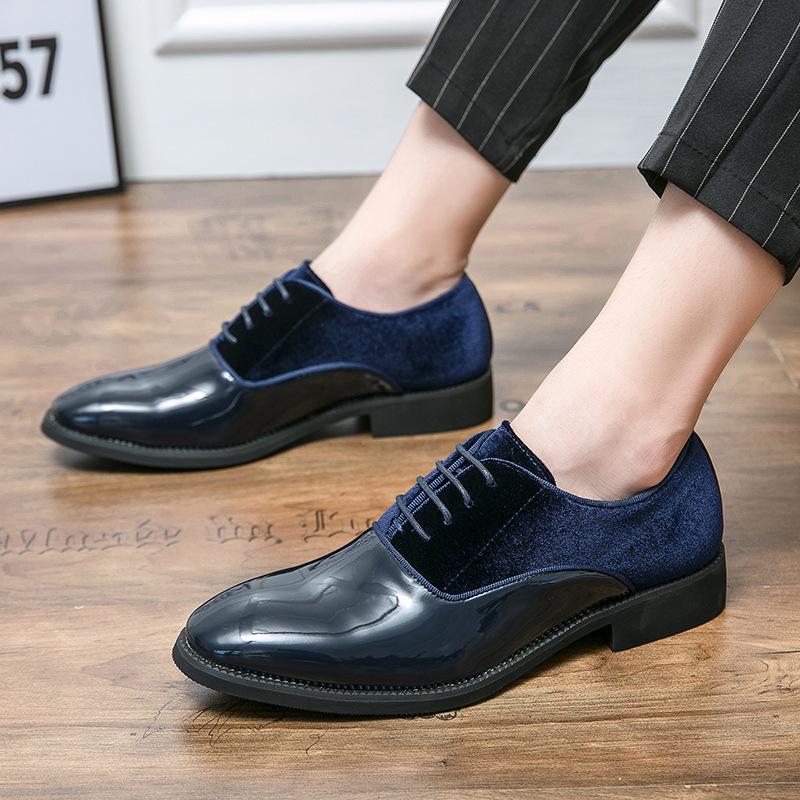 Round Head British Style Business Dress Splicing Leather Shoes Spring and Autumn Men's Height Increase Wedding Groom Derby Shoes